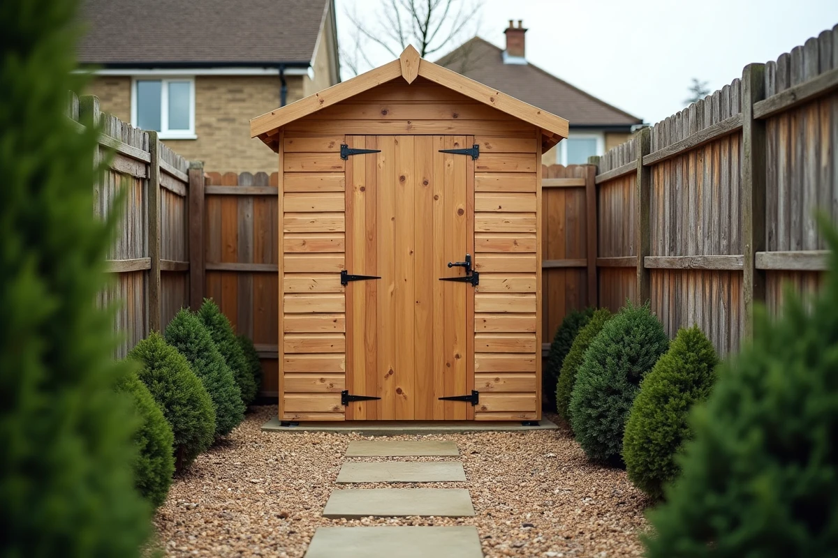 Abri de jardin en bois installé en angle de propriété avec les distances réglementaires visibles par rapport aux clôtures