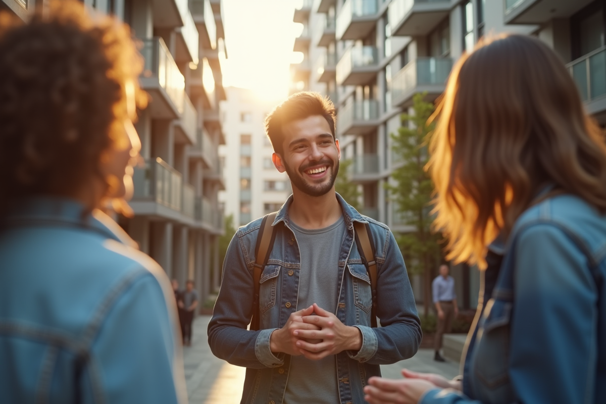 Jeune homme accueilli chaleureusement devant un immeuble moderne