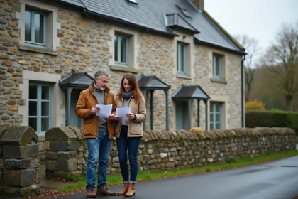 Couple consultant des documents devant une maison en pierre bretonne à Plélan-le-Grand