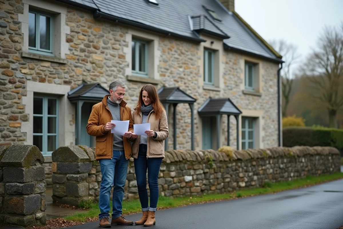 Couple consultant des documents devant une maison en pierre bretonne à Plélan-le-Grand
