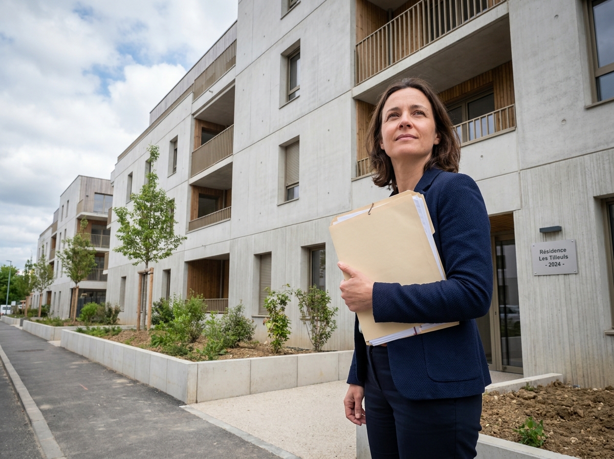Femme devant un immeuble résidentiel neuf dans le quartier de Bagneux en Île-de-France