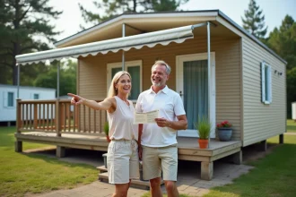Couple examinant un mobil-home d'occasion dans un camping ouvert à l'année lors d'une visite d'achat en 2026