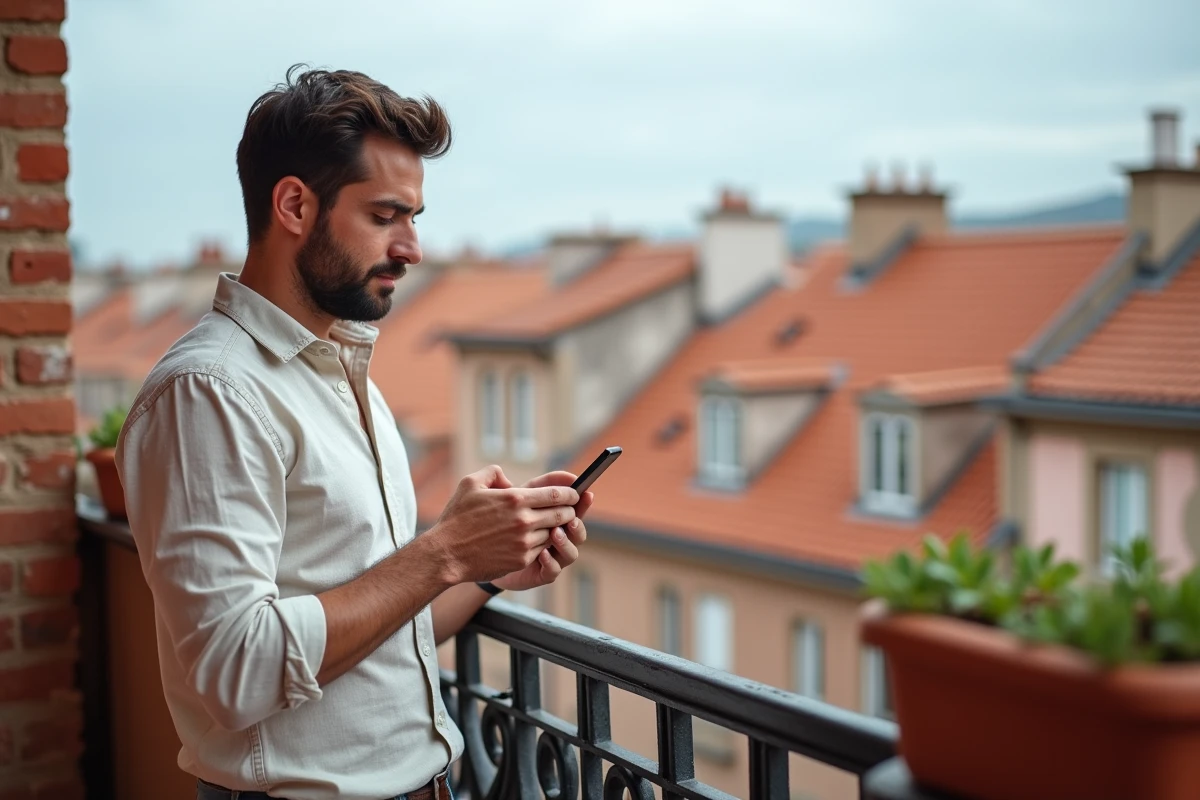 Homme consultant le site capitole-immobilier.fr sur smartphone depuis un balcon avec vue sur les toits de Toulouse