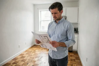 Acheteur débutant déçu tenant un plan d'appartement dans un studio T1 vide, réalisant une erreur d'estimation de superficie