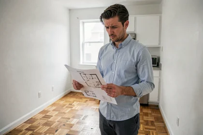 Acheteur débutant déçu tenant un plan d'appartement dans un studio T1 vide, réalisant une erreur d'estimation de superficie
