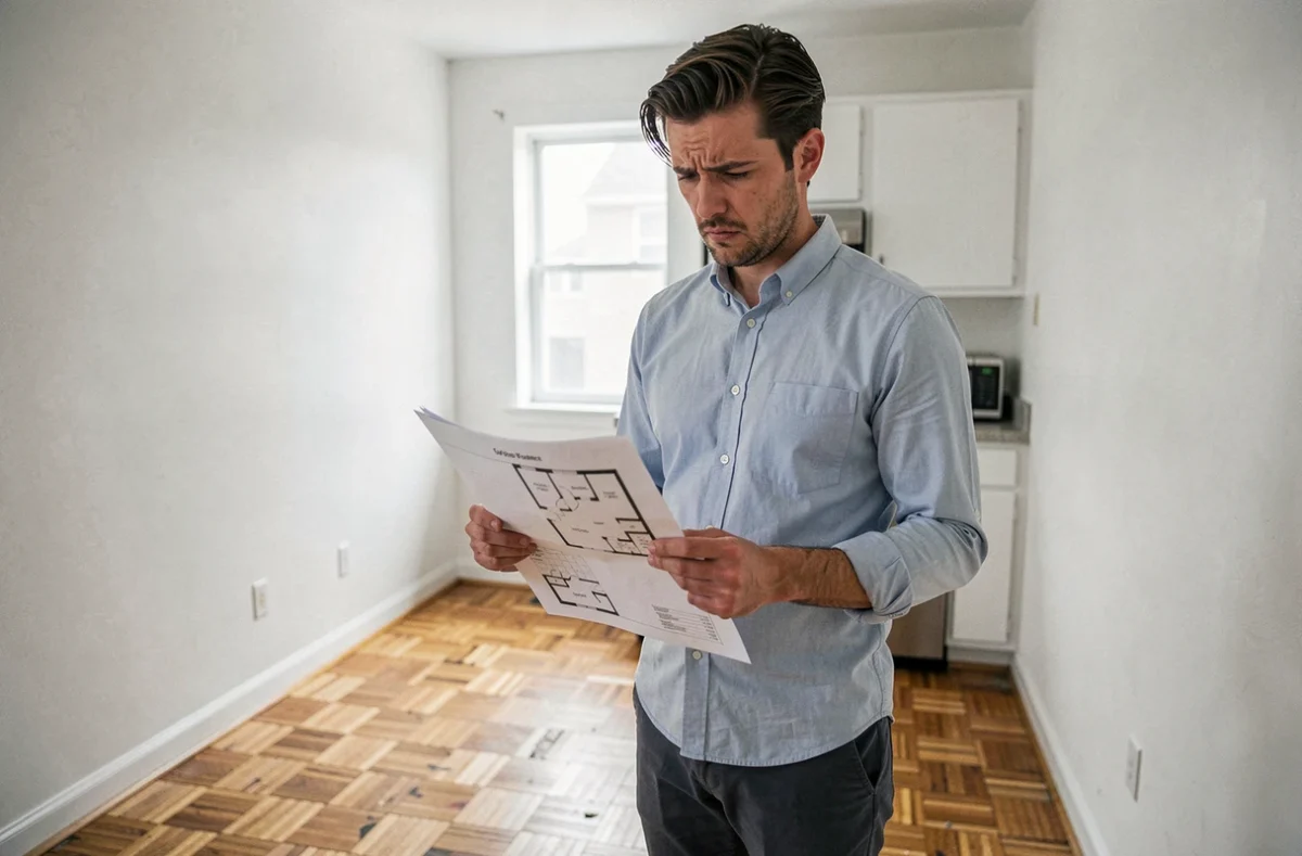 Acheteur débutant déçu tenant un plan d'appartement dans un studio T1 vide, réalisant une erreur d'estimation de superficie