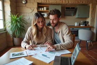 Couple d'acheteurs toulousains consultant des documents immobiliers dans un appartement au style typique de Toulouse