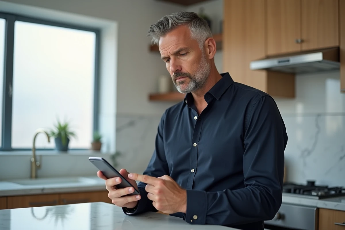 Homme activant son compte MyCitya via un email de confirmation sur smartphone dans une cuisine moderne
