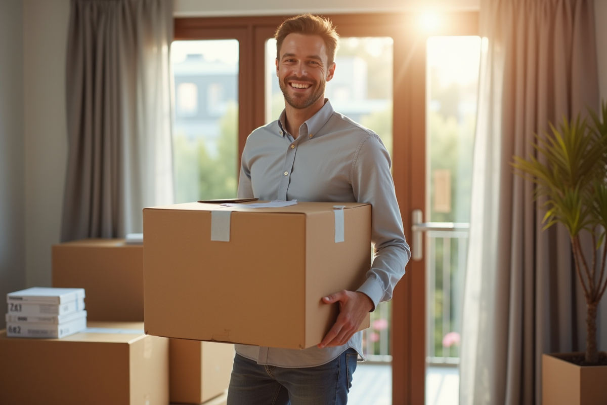 Adulte souriant tenant une box de déménagement dans un appartement lumineux