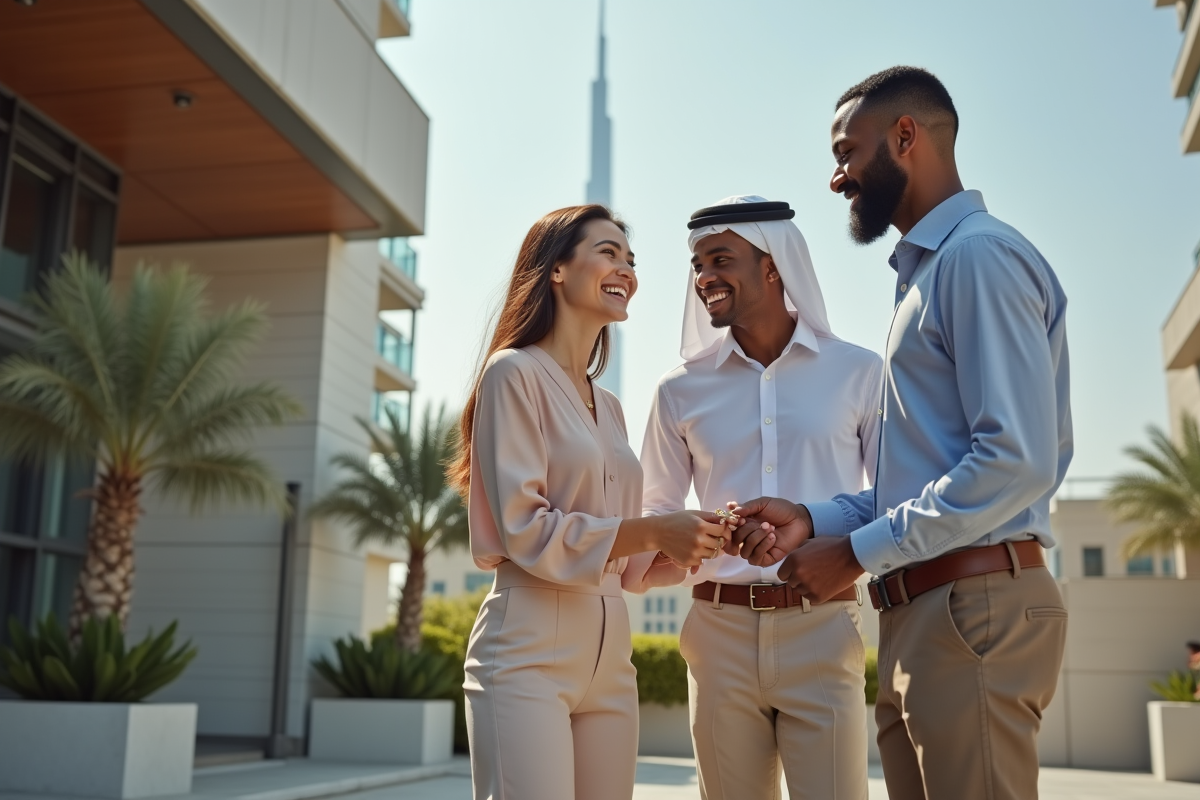 Femme agent immobilier donnant des clés à un couple