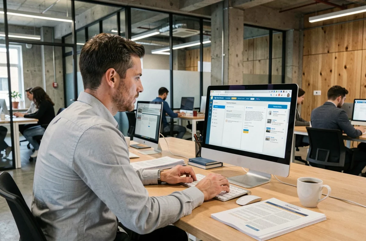 Agent IAD consultant son espace conseiller en ligne depuis un espace de coworking moderne