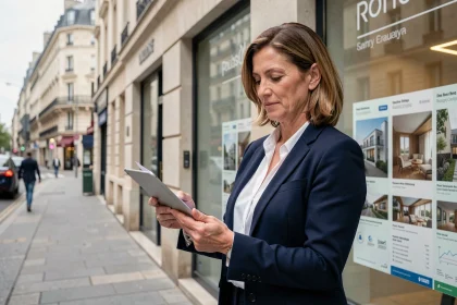 Agent immobilière professionnelle devant une agence moderne avec vitrines de biens à vendre en 2026