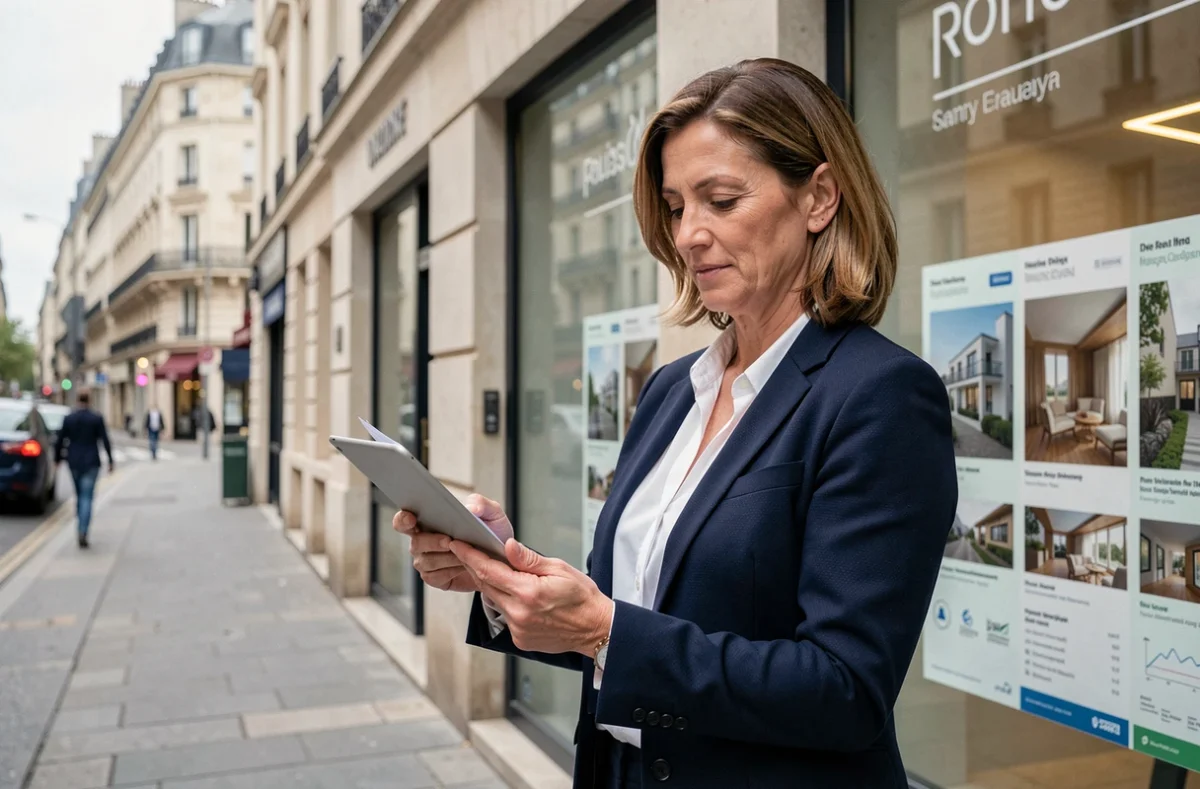 Agent immobilière professionnelle devant une agence moderne avec vitrines de biens à vendre en 2026