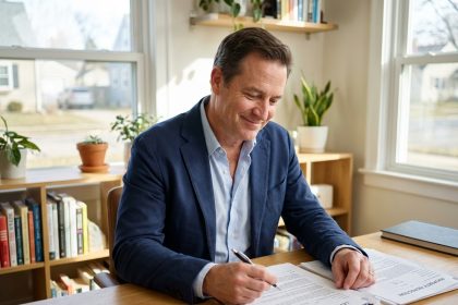 Agent immobilier en bureau moderne avec documents