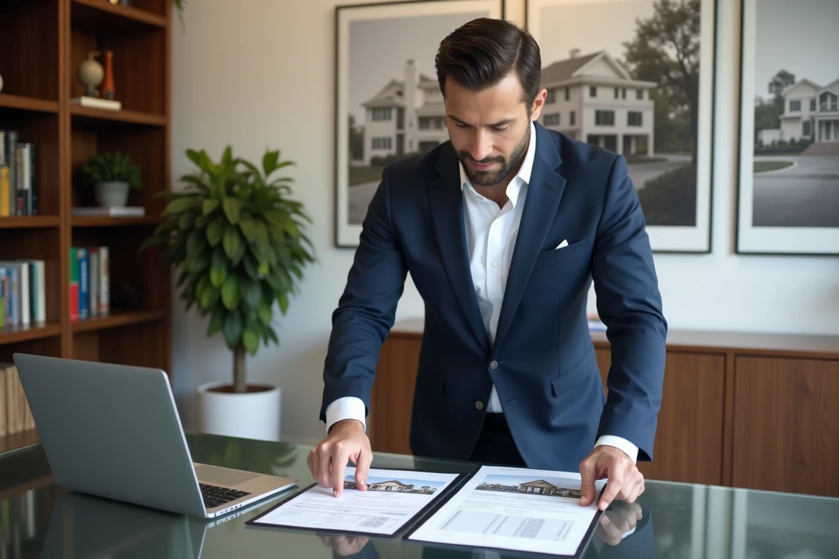 Agent immobilier consultant un dossier d'estimation prestige avec photos professionnelles sur bureau dans une agence haut de gamme