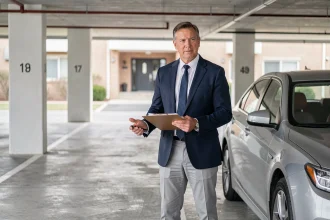 Agent immobilier évaluant le prix d'un garage en sous-sol lors d'une vente en lot avec appartement