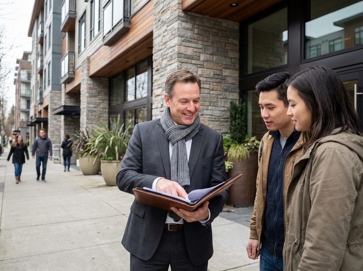 Agent immobilier expliquant un projet à un couple devant un immeuble urbain
