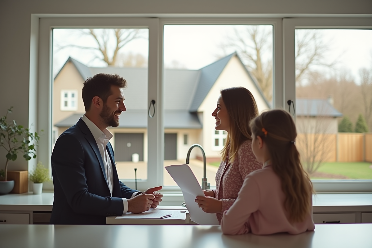 Agent immobilier montrant des documents à une famille dans une cuisine moderne