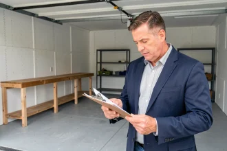 Agent immobilier examinant des documents dans un garage propre et bien rangé, illustrant l'impact du mot garage sur la valeur de revente d'un bien immobilier