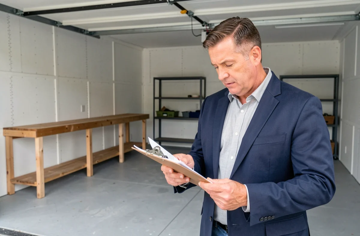 Agent immobilier examinant des documents dans un garage propre et bien rangé, illustrant l'impact du mot garage sur la valeur de revente d'un bien immobilier