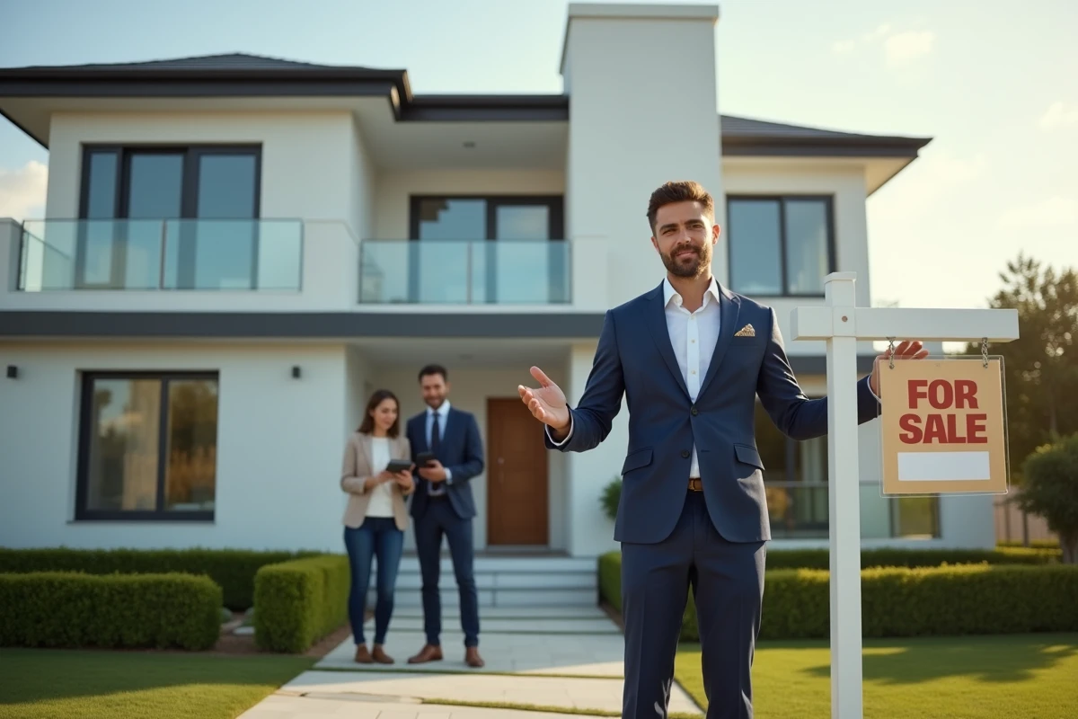 Jeune agent immobilier devant une maison avec panneau a vendre et couple