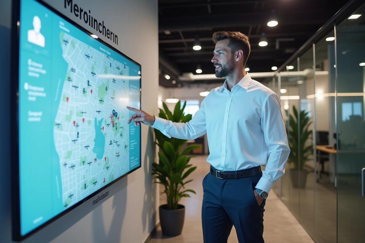 Agent immobilier présentant des données de marché sur un écran digital dans une agence moderne, illustrant l'utilisation d'outils professionnels comme MOTEUR IMMO