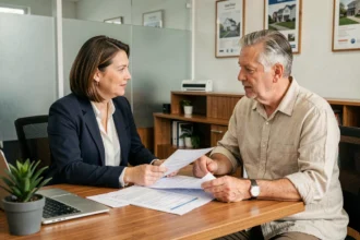 Agent immobilière et propriétaire examinant un contrat de bail et des documents de versement de loyer dans une agence immobilière moderne
