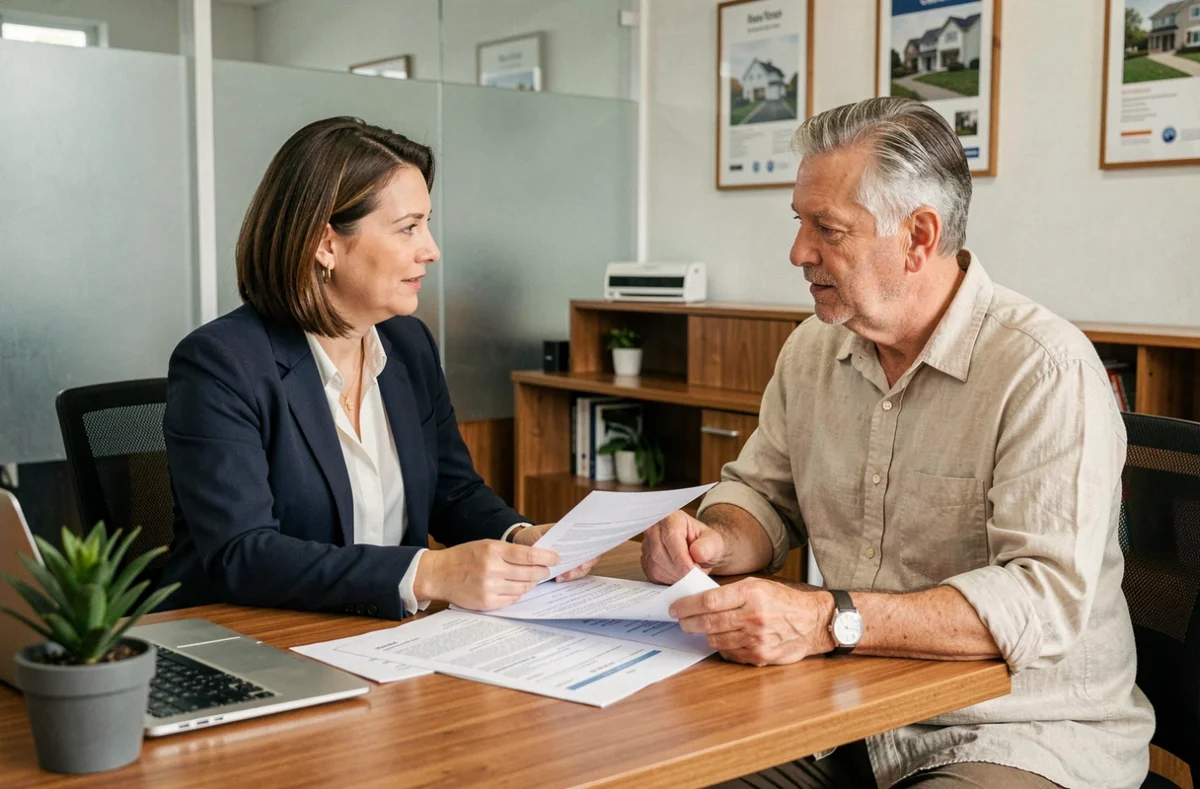 Agent immobilière et propriétaire examinant un contrat de bail et des documents de versement de loyer dans une agence immobilière moderne