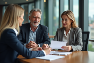 Couple avec agent immobilier dans un bureau moderne