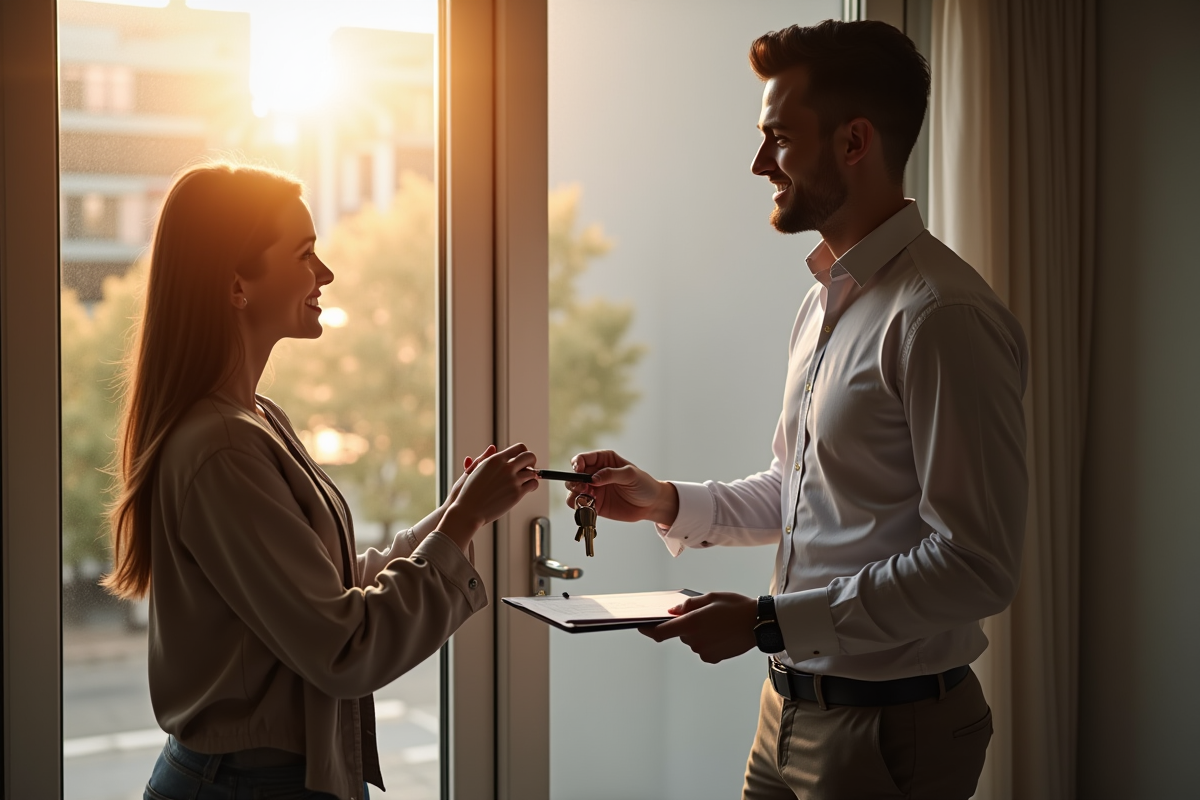 Agent immobilier remettant les clés à un locataire souriant à l
