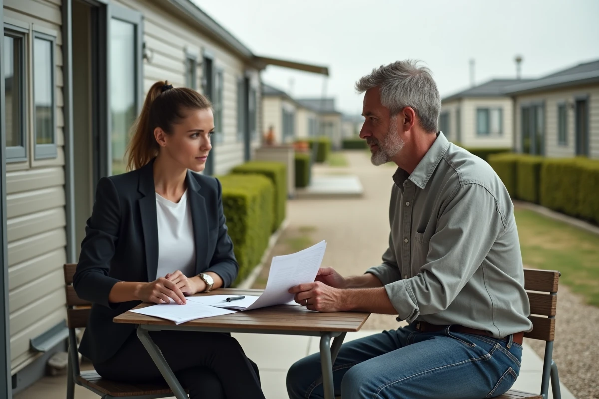 Agent immobilier présentant un contrat de vente de mobil-home occasion à un acheteur sur la terrasse d'un camping résidentiel