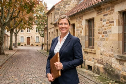 Agente immobilière professionnelle devant un bâtiment en pierre bourguignon, illustrant le marché immobilier en Bourgogne-Franche-Comté