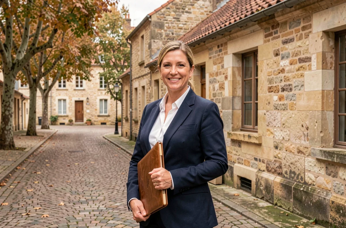 Agente immobilière professionnelle devant un bâtiment en pierre bourguignon, illustrant le marché immobilier en Bourgogne-Franche-Comté
