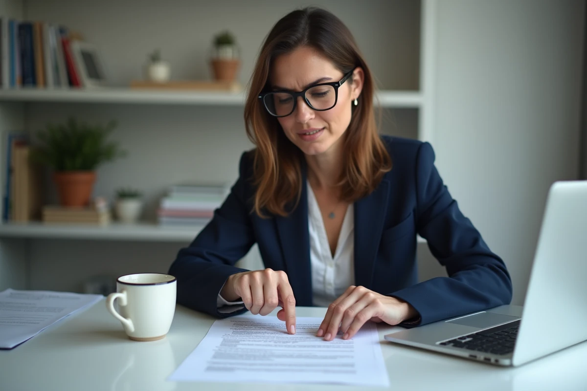 Une femme examine attentivement un contrat de vente immobilière, analysant les honoraires à la charge du vendeur dans une transaction entre particuliers