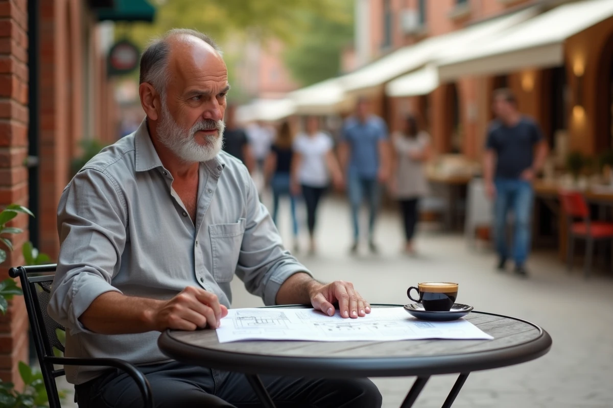 Homme analysant des documents immobiliers en terrasse dans le quartier des Carmes à Toulouse