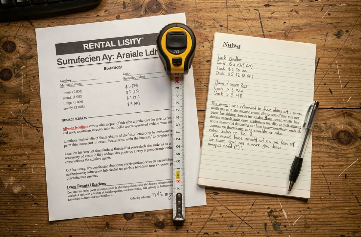 Annonce de location imprimée avec un mètre ruban et des notes manuscrites sur la surface habitable réglementaire