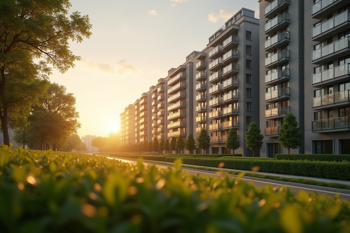 Immeuble résidentiel avec architecture élégante au coucher du soleil