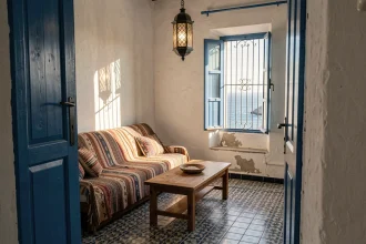 Salon d'un appartement en location longue durée à Essaouira avec carrelage zellige et vue sur l'Atlantique