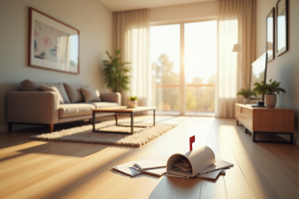 Salon lumineux d un appartement vide avec poussiere et boite aux lettres