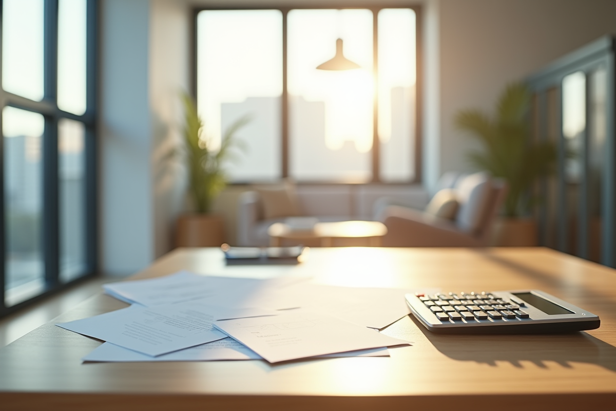 Intérieur lumineux d'un appartement moderne avec documents et calculatrice