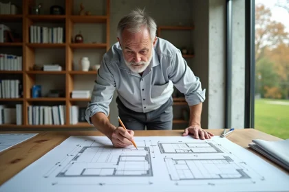 Architecte calculant l'emprise au sol d'un carport sur des plans techniques dessinés à la main