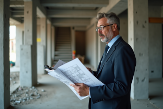 Architecte homme en chantier avec plans et structures
