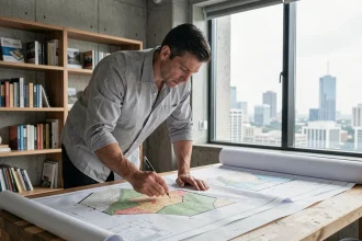 Architecte analysant des cartes cadastrales et des plans de zonage sur une table à dessin dans un studio d'architecture moderne