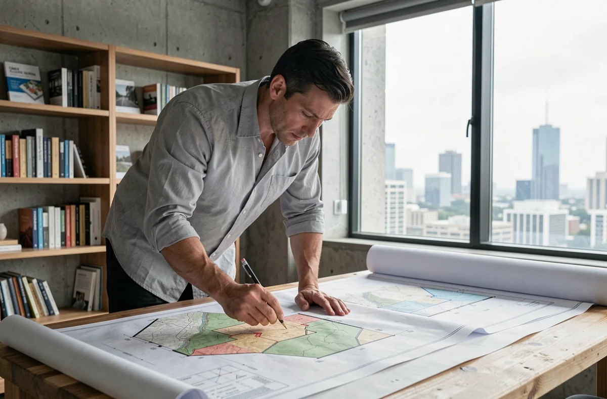 Architecte analysant des cartes cadastrales et des plans de zonage sur une table à dessin dans un studio d'architecture moderne