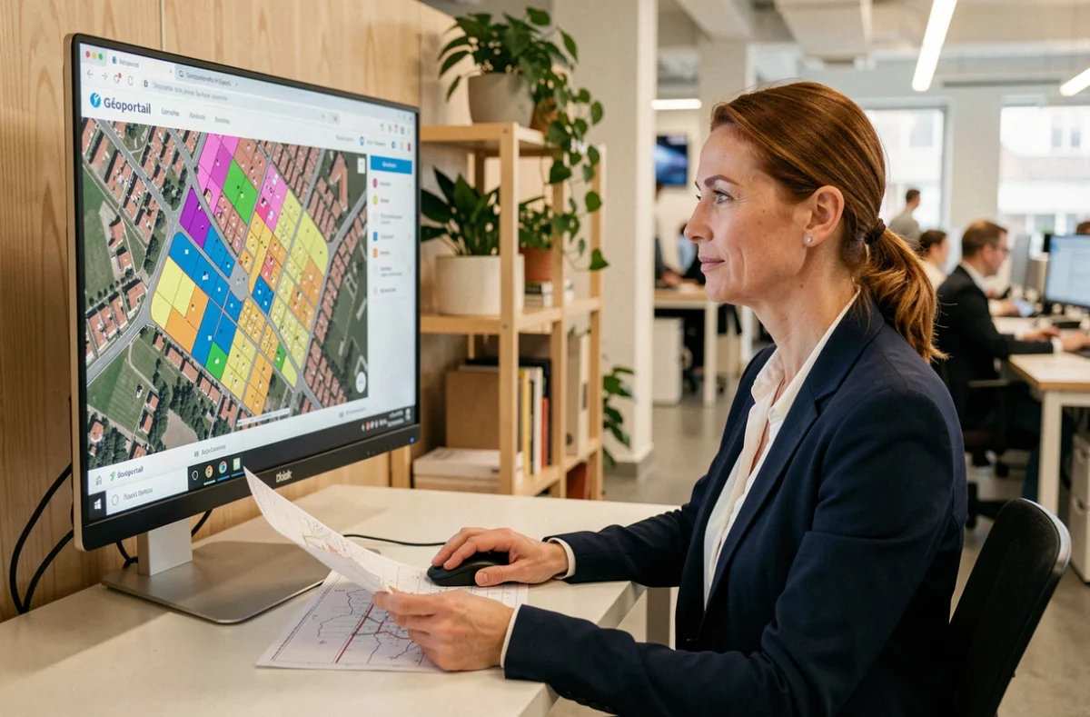 Architecte consultant l'interface Géoportail urbanisme sur ordinateur pour une étude préalable de zonage