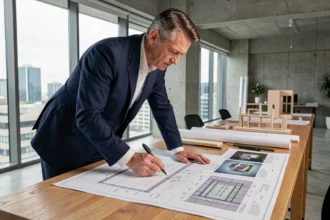 Architecte examinant des plans BIM sur un bureau dans un bureau d'architecture moderne pour limiter les risques juridiques