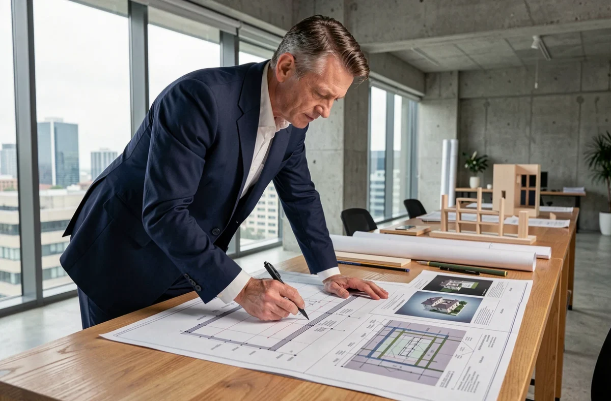 Architecte examinant des plans BIM sur un bureau dans un bureau d'architecture moderne pour limiter les risques juridiques