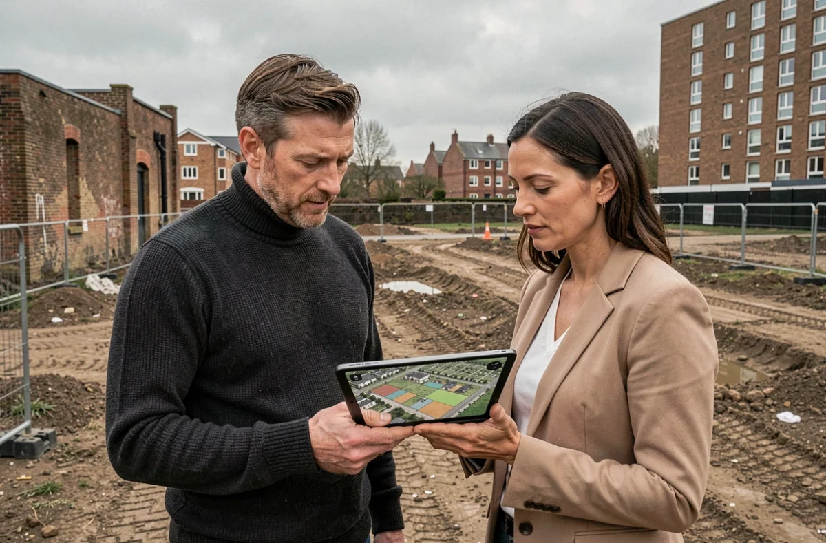 Deux architectes sur un terrain en friche consultant une carte cadastrale sur tablette lors d'une visite de site préalable