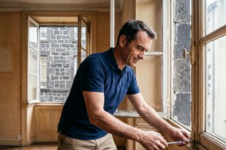 Artisan mesurant un encadrement de fenêtre ancienne dans un appartement haussmannien à Clermont-Ferrand lors d'un projet de rénovation