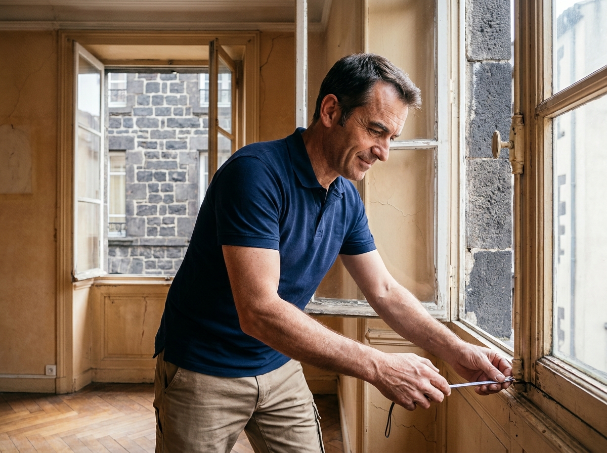 Artisan mesurant un encadrement de fenêtre ancienne dans un appartement haussmannien à Clermont-Ferrand lors d'un projet de rénovation